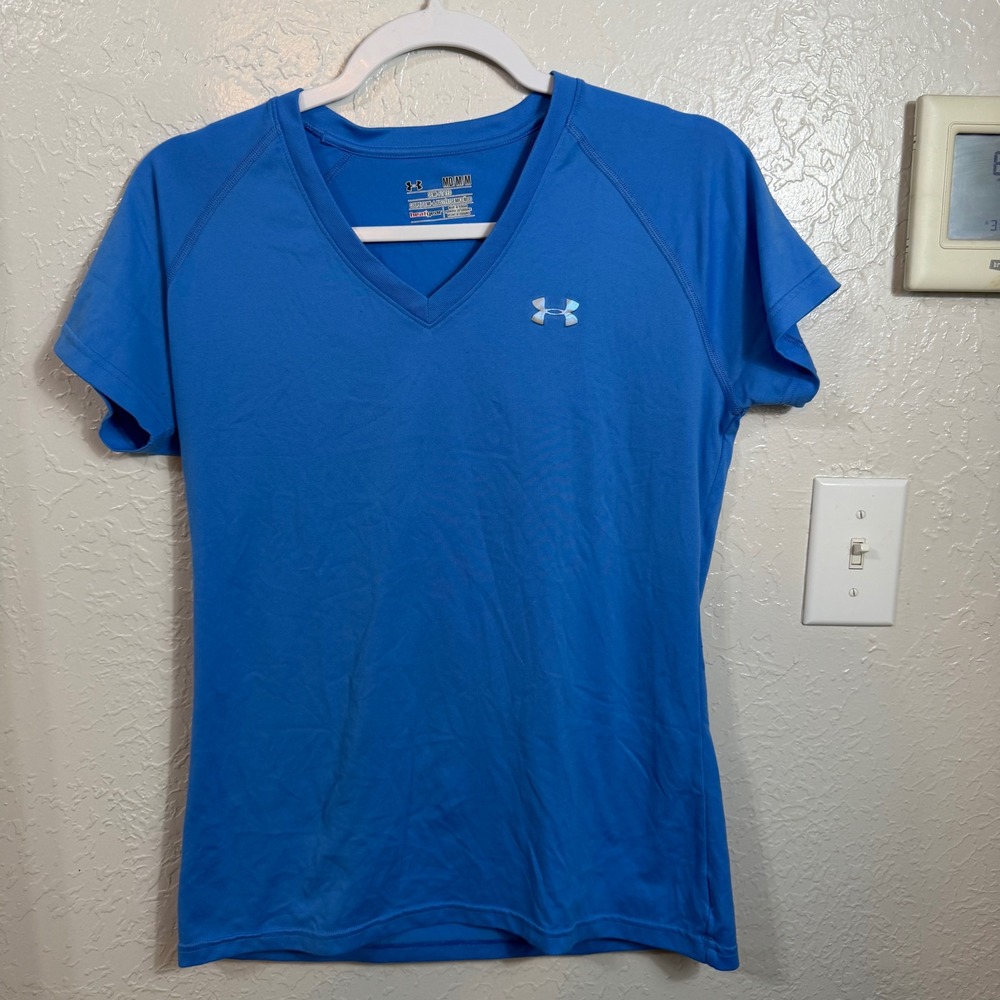 Under Armour Womens HeatGear V-Neck Short Sleeve Athletic Shirt Blue Medium